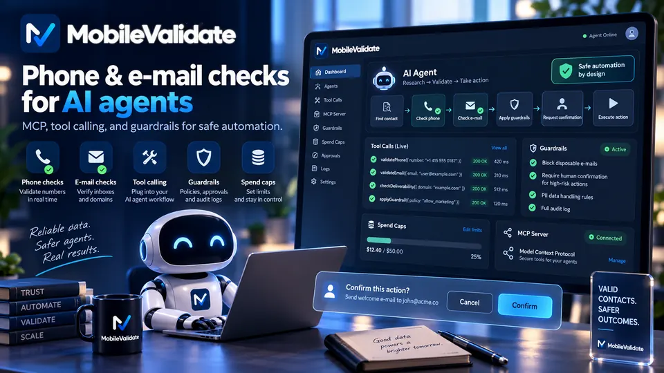 An AI agent dashboard lists tool calls with status codes, active guardrails, a spend cap meter and a confirmation dialog before an action runs.