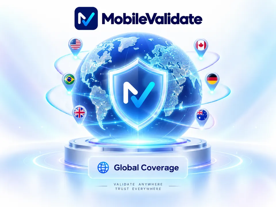 A glowing globe protected by the MobileValidate shield, with country flag pins for the United States, Canada, Brazil, Germany, the United Kingdom and Australia.