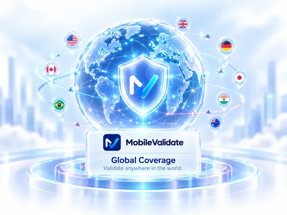 A globe inside the MobileValidate shield over a glowing platform, circled by flag pins, with the words Global coverage, validate anywhere in the world.