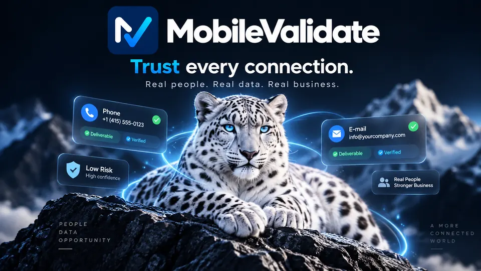 A snow leopard rests on a rock under the headline Trust every connection, with cards for a deliverable phone number, a verified e-mail and a low-risk result.