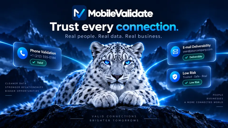 A snow leopard on a mountain ridge framed by cards for phone validation, e-mail deliverability and a low-risk result.