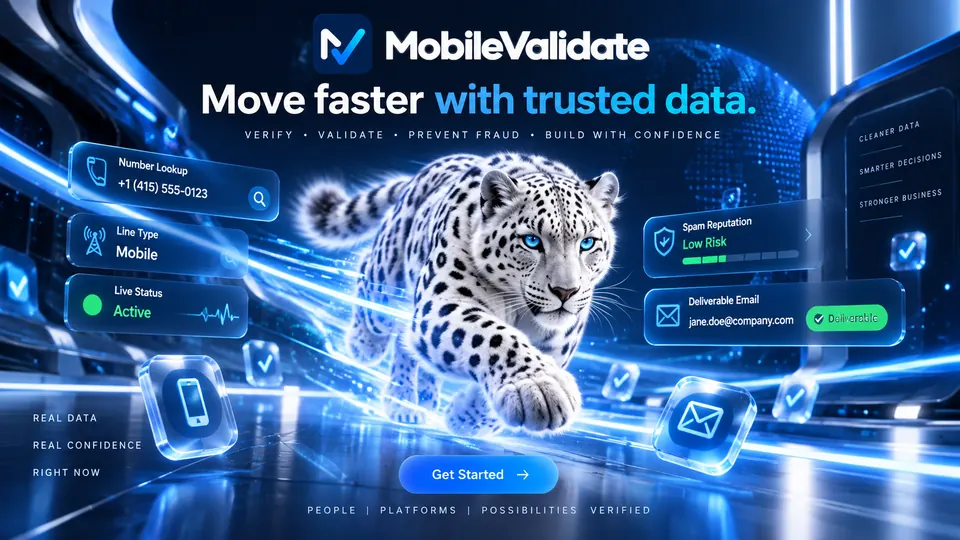 A snow leopard races through a blue data tunnel past cards for number lookup, line type, live status, spam reputation and a deliverable e-mail.