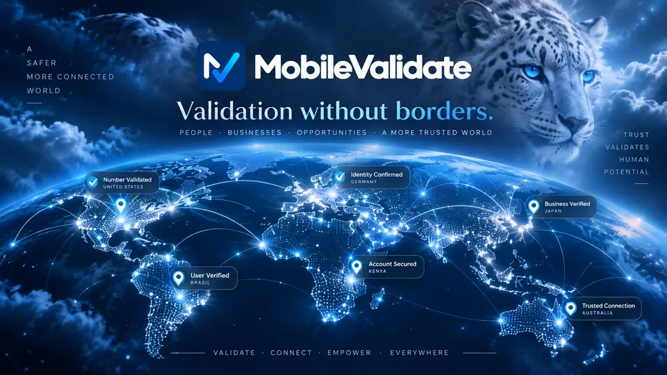 A night-time world map with glowing pins for validated numbers and verified accounts across continents, under the headline Validation without borders.